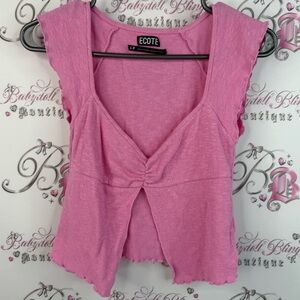 Ecote shirt ruffle trim style pink Vneck fairy hem Fuchsia Sleeveless Blouse